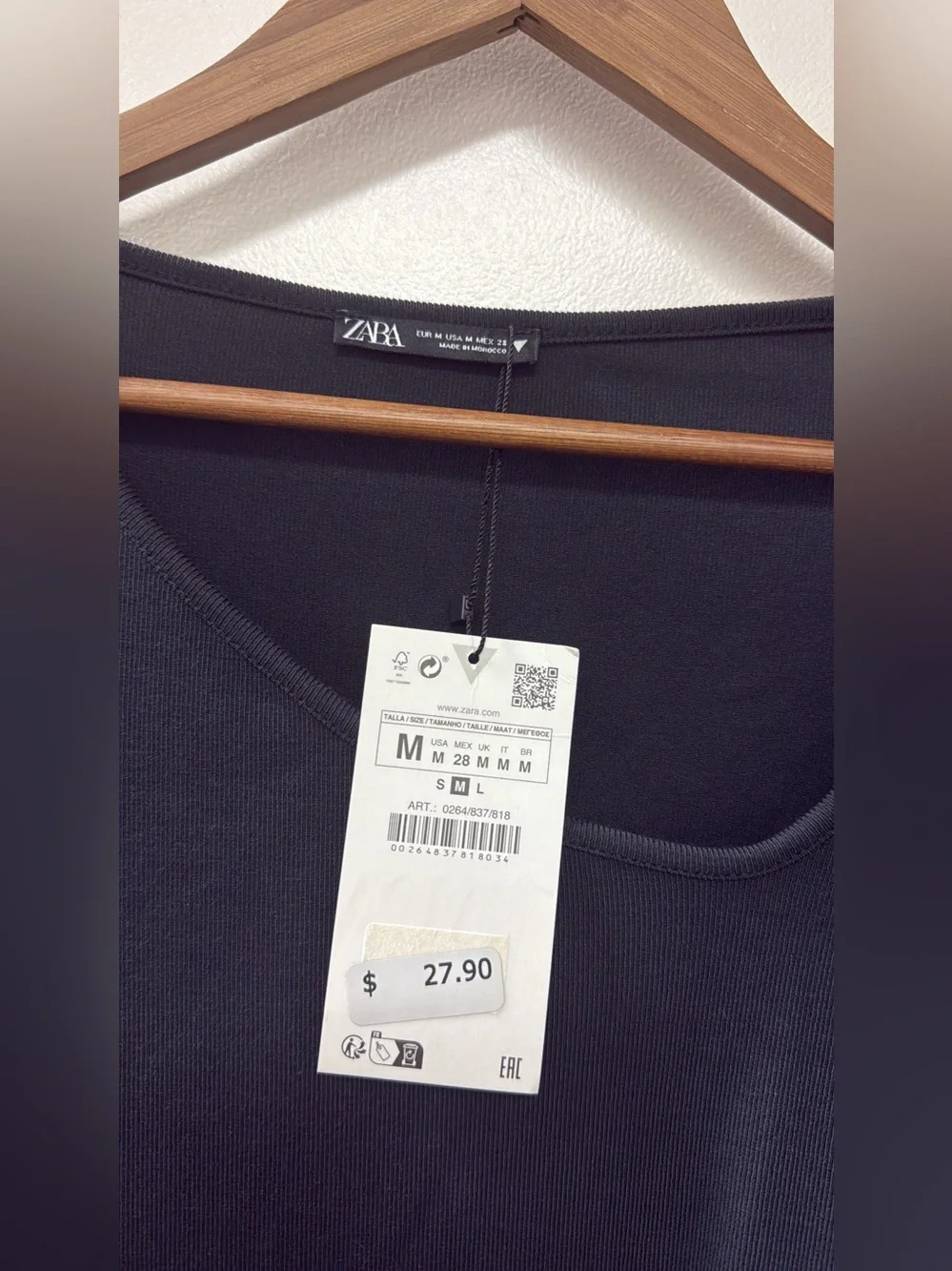 Zara Black/Grayish Long-Sleeve Scoop Neck Tee